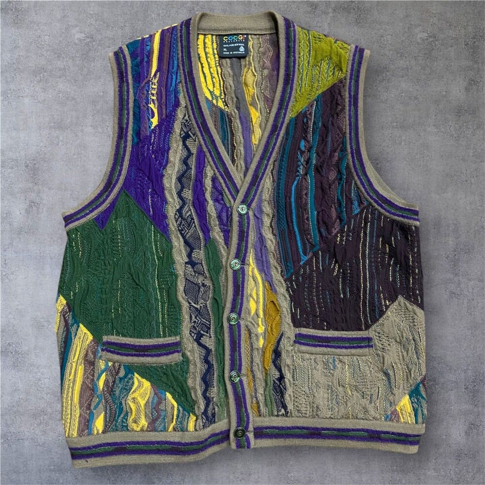 COOGI Australia Vintage Mardi Gras 3D Knit Sweater Vest Pure Wool Men's Size XL